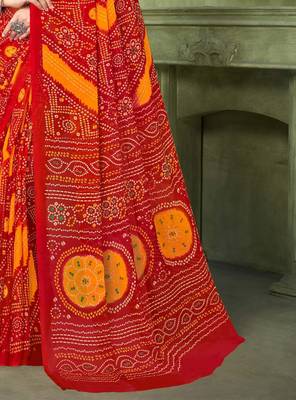 red yellow chiffon bandhani double shaded printed saree with blouse  3