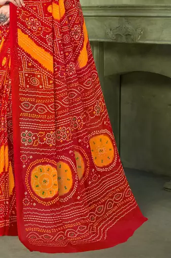 red yellow chiffon bandhani double shaded printed saree with blouse 