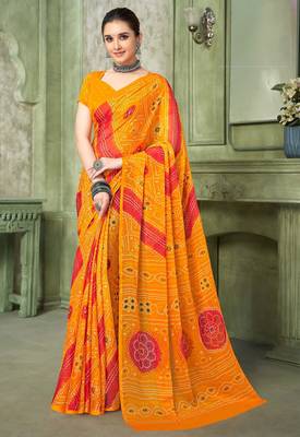 yellow pink chiffon bandhani double shaded printed saree with blouse  1