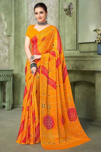 yellow pink chiffon bandhani double shaded printed saree with blouse 