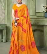 yellow pink chiffon bandhani double shaded printed saree with blouse 
