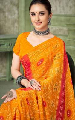 yellow pink chiffon bandhani double shaded printed saree with blouse  2