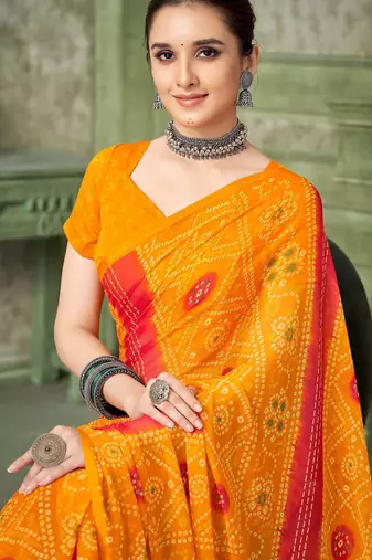 yellow pink chiffon bandhani double shaded printed saree with blouse 