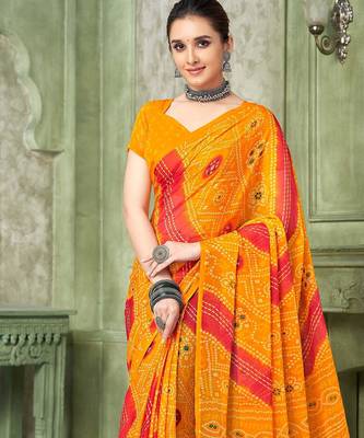 yellow pink chiffon bandhani double shaded printed saree with blouse  3