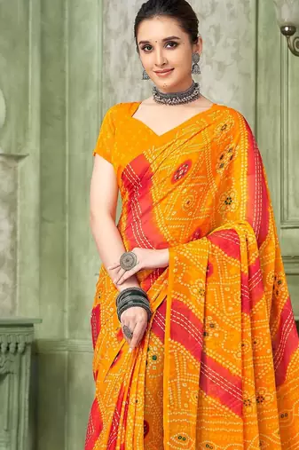 yellow pink chiffon bandhani double shaded printed saree with blouse 