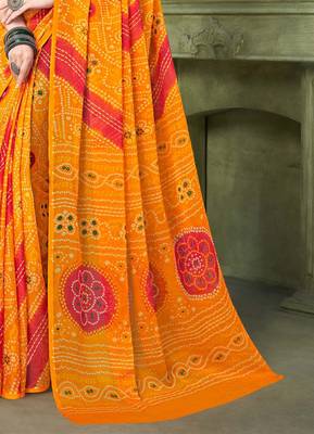 yellow pink chiffon bandhani double shaded printed saree with blouse  4