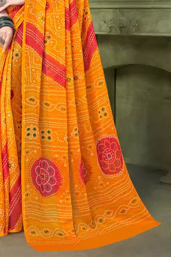 yellow pink chiffon bandhani double shaded printed saree with blouse 
