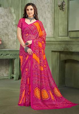 magenta orange chiffon bandhani double shaded printed saree with blouse  1