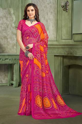 magenta orange chiffon bandhani double shaded printed saree with blouse 