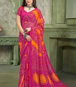 magenta orange chiffon bandhani double shaded printed saree with blouse 