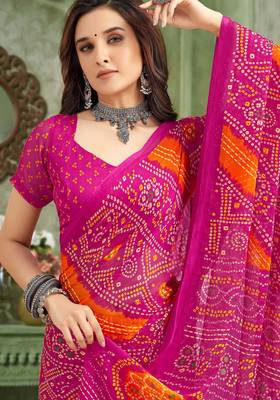 magenta orange chiffon bandhani double shaded printed saree with blouse  2