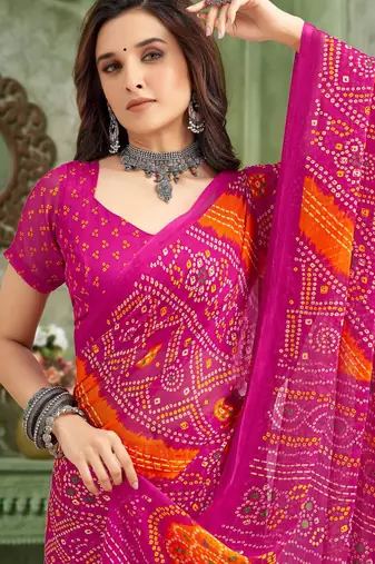 magenta orange chiffon bandhani double shaded printed saree with blouse 