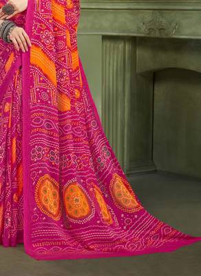 magenta orange chiffon bandhani double shaded printed saree with blouse  3