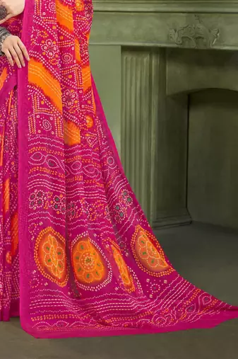 magenta orange chiffon bandhani double shaded printed saree with blouse 