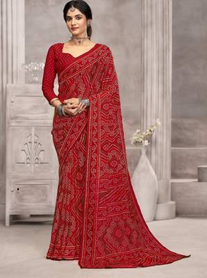 red chiffon bandhani geometric printed saree with blouse  1