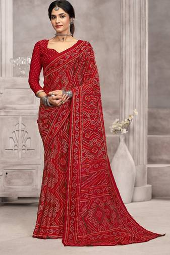 red chiffon bandhani geometric printed saree with blouse 