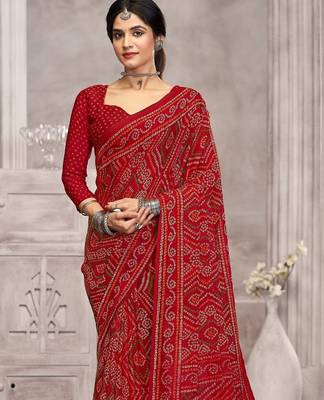 red chiffon bandhani geometric printed saree with blouse  2