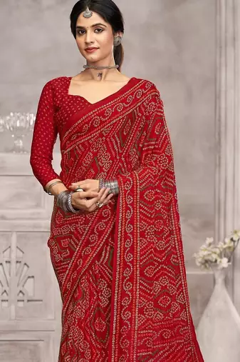 red chiffon bandhani geometric printed saree with blouse 