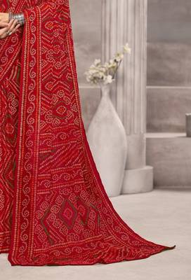 red chiffon bandhani geometric printed saree with blouse  3