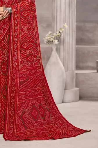 red chiffon bandhani geometric printed saree with blouse 