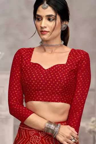 red chiffon bandhani geometric printed saree with blouse 