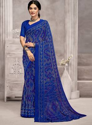 royal blue chiffon bandhani geometric printed saree with blouse  1