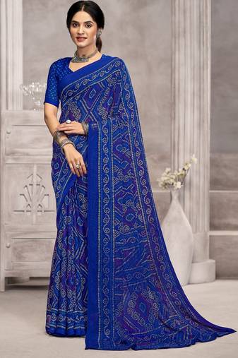 royal blue chiffon bandhani geometric printed saree with blouse 