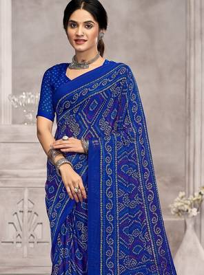 royal blue chiffon bandhani geometric printed saree with blouse  2