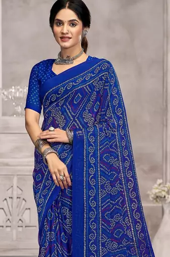 royal blue chiffon bandhani geometric printed saree with blouse 