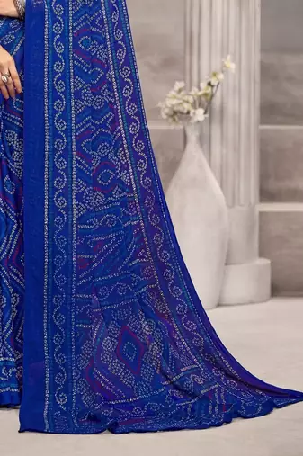 royal blue chiffon bandhani geometric printed saree with blouse 