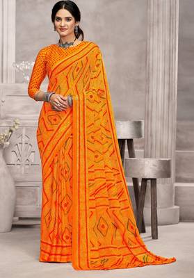 yellow chiffon bandhani geometric printed saree with blouse  1
