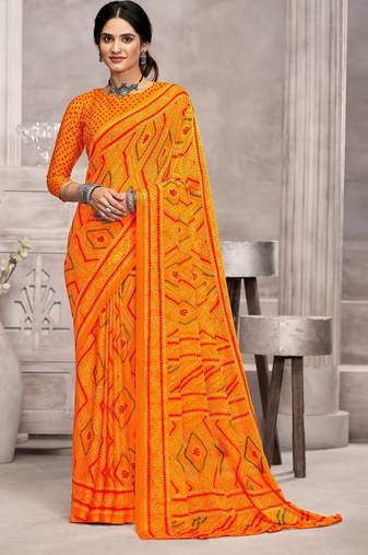 yellow chiffon bandhani geometric printed saree with blouse 