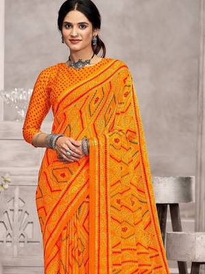 yellow chiffon bandhani geometric printed saree with blouse  2