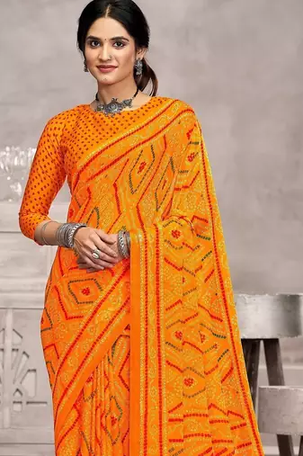 yellow chiffon bandhani geometric printed saree with blouse 