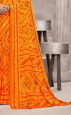 yellow chiffon bandhani geometric printed saree with blouse  3