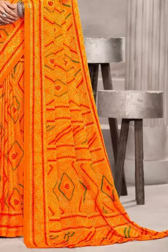 yellow chiffon bandhani geometric printed saree with blouse 