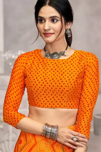 yellow chiffon bandhani geometric printed saree with blouse 