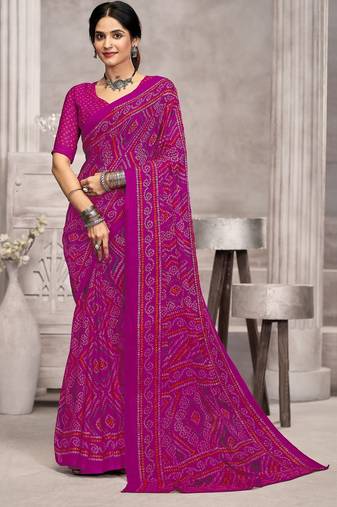 purple chiffon bandhani geometric printed saree with blouse 