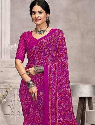purple chiffon bandhani geometric printed saree with blouse  2
