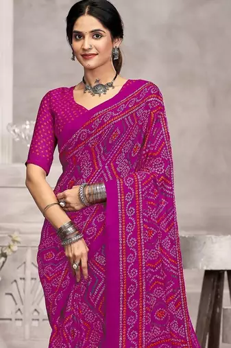 purple chiffon bandhani geometric printed saree with blouse 