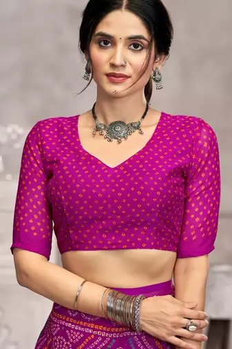 purple chiffon bandhani geometric printed saree with blouse 