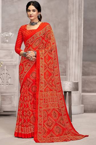 orange chiffon bandhani geometric printed saree with blouse 