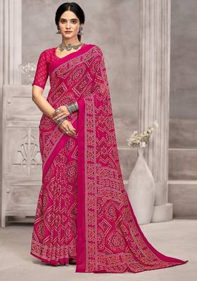 magenta chiffon bandhani geometric printed saree with blouse  1