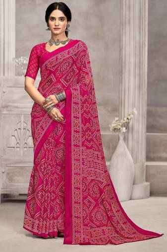 magenta chiffon bandhani geometric printed saree with blouse 