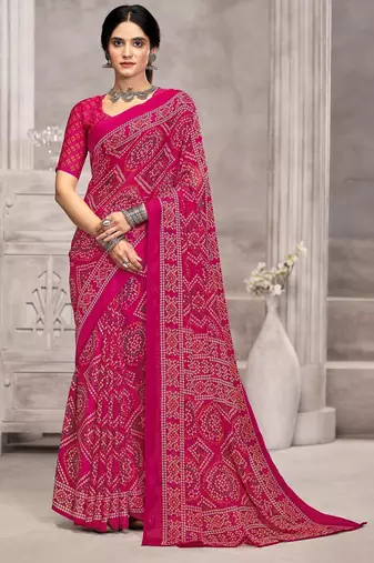 magenta chiffon bandhani geometric printed saree with blouse 