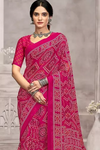 magenta chiffon bandhani geometric printed saree with blouse 