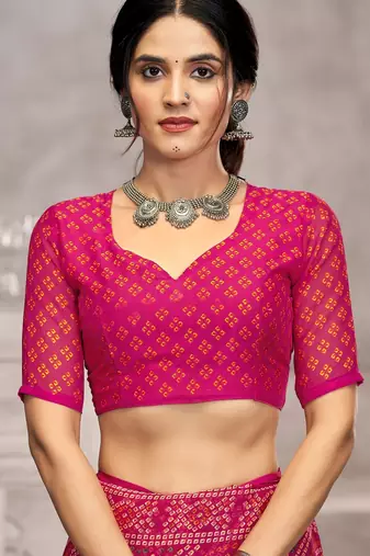 magenta chiffon bandhani geometric printed saree with blouse 