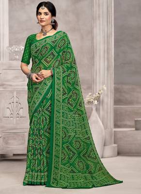 green chiffon bandhani geometric printed saree with blouse  1