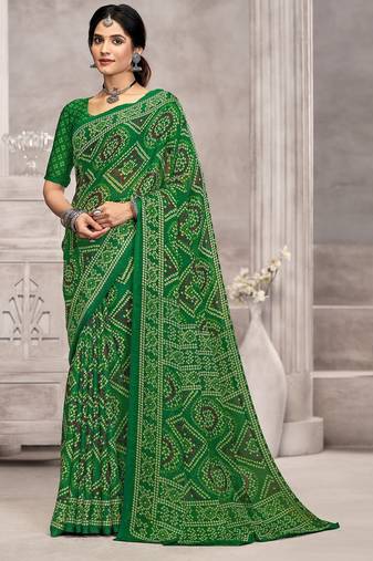 green chiffon bandhani geometric printed saree with blouse 