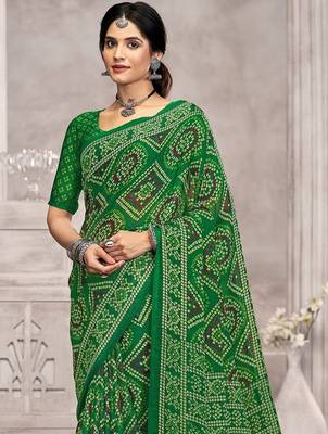 green chiffon bandhani geometric printed saree with blouse  2
